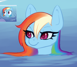 Size: 2084x1824 | Tagged: safe, artist:evlass, rainbow dash, pegasus, pony, deep tissue memories, g4, my little pony: friendship is forever, colored pupils, cute, dashabetes, female, scene interpretation, solo, that was fast, wet mane, wet mane rainbow dash