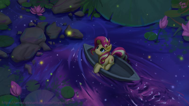 Size: 1920x1080 | Tagged: safe, artist:tinybenz, sunset shimmer, firefly (insect), insect, pony, unicorn, boat, cute, cutie mark, featured image, female, flower, horn, lilypad, looking at something, looking up, mare, night, outdoors, prone, rock, shimmerbetes, sitting, smiling, solo, starry night, stars, wallpaper, water, water lily, waterlily