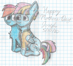 Size: 3012x2760 | Tagged: safe, artist:solder point, rainbow dash, windy whistles, pegasus, pony, g4, cel shading, clothes, colored, cute, duo, female, graph paper, happy, high res, hug, looking at each other, mare, mother, mother and child, mother and daughter, shading, signature, sitting, smiling, traditional art, winghug, wings