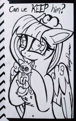 Size: 2116x3366 | Tagged: safe, artist:gleamydreams, oc, oc only, oc:powder floof, cat, pegasus, pony, black and white, female, grayscale, hat, high res, ink drawing, kitten, mare, monochrome, pegasus oc, traditional art, wings