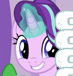Size: 338x350 | Tagged: safe, edit, edited screencap, screencap, starlight glimmer, pony, unicorn, deep tissue memories, g4, my little pony: friendship is forever, blue eyes, cropped, cute, female, glimmerbetes, glowing horn, grin, horn, looking at someone, magic, mare, smiling, solo
