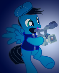 Size: 5172x6448 | Tagged: safe, artist:agkandphotomaker2000, oc, oc only, oc:pony video maker, pegasus, pony, bipedal, camera, clothes, director's hat, happy, jacket, male, open mouth, show accurate, solo, standing, standing on one leg, video camera, wings