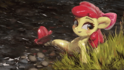 Size: 1280x720 | Tagged: safe, artist:assasinmonkey, artist:vest, apple bloom, seapony (g4), g4, adorabloom, animated, cute, digital painting, female, grass, looking back, loop, no sound, open mouth, river, rock, scenery, seaponified, seapony apple bloom, sitting, solo, species swap, stream, wallpaper, wallpaper engine, water, webm