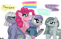 Size: 2407x1548 | Tagged: safe, artist:artisticcupcakezz, artist:parclytaxel, limestone pie, marble pie, maud pie, pinkie pie, earth pony, pony, g4, blushing, chest fluff, dandere, female, frown, grin, kuudere, mare, pie sisters, scrunchy face, siblings, simple background, sisters, sitting, smiling, tsundere, white background, yandere, yandere pie