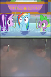 Size: 1920x2880 | Tagged: safe, edit, edited screencap, screencap, rainbow dash, spike, starlight glimmer, dragon, pegasus, pony, deep tissue memories, g4, my little pony: friendship is forever, bamboo, irl, james bond, movie, movie reference, photo, reference, smiling, surprised, water