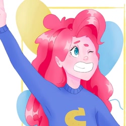 Size: 1080x1080 | Tagged: safe, alternate version, artist:nyume_e, pinkie pie, equestria girls, g4, balloon, bust, clothes, female, grin, one eye closed, peace sign, smiling, solo, text, wink