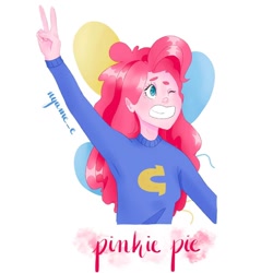 Size: 1080x1080 | Tagged: safe, alternate version, artist:nyume_e, pinkie pie, equestria girls, g4, balloon, bust, clothes, female, grin, one eye closed, peace sign, smiling, solo, text, wink