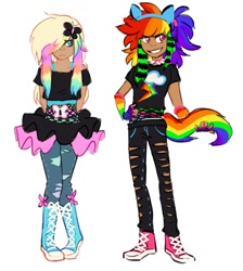Size: 917x1024 | Tagged: safe, artist:zukosbf, fluttershy, rainbow dash, human, g4, boots, clothes, converse, cutie mark, cutie mark on clothes, dark skin, fake ears, fake tail, humanized, jeans, pants, ripped pants, scene, scene kid, shirt, shoes, simple background, skirt, sneakers, white background