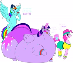 Size: 2415x2082 | Tagged: safe, artist:princebluemoon3, pinkie pie, rainbow dash, twilight sparkle, alicorn, earth pony, pegasus, pony, belly, belly on floor, big belly, clothes, coach rainbow dash, dialogue, exercise, fat, female, glass of water, huge butt, implied tail hole, impossibly large belly, impossibly large butt, large belly, large butt, magic, mare, morbidly obese, obese, rainbow dashs coaching whistle, sweat, that pony sure does love whistles, tongue out, twilard sparkle, twilight has a big ass, twilight sparkle (alicorn), whistle, whistle necklace, workout outfit