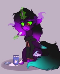 Size: 750x927 | Tagged: dead source, safe, artist:applebutter.artz, oc, oc only, alicorn, pony, alicorn oc, clothes, dark magic, dropped ice cream, female, food, glowing horn, hoodie, horn, ice cream, magic, mare, simple background, sitting, solo, sombra eyes, spoon, telekinesis, wings