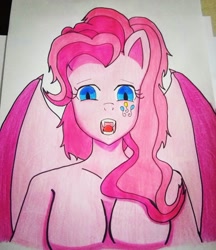 Size: 1080x1249 | Tagged: safe, artist:chori_shi_chan, pinkie pie, bat pony, anthro, g4, alternative cutie mark placement, ambiguous facial structure, bat ponified, breasts, bust, eyelashes, fangs, featureless breasts, female, open mouth, pinkiebat, race swap, solo, traditional art
