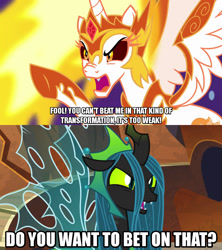 Size: 1280x1440 | Tagged: safe, anonymous editor, edit, edited screencap, screencap, daybreaker, queen chrysalis, alicorn, changeling, changeling queen, pony, a royal problem, g4, the ending of the end, caption, confrontation, duo, female, image macro, mare, meme, text, this will end in fire, ultimate chrysalis