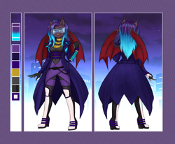 Size: 4856x4000 | Tagged: safe, artist:wildpaper, oc, oc only, oc:dawn sentry, bat pony, anthro, bat wings, bodysuit, boots, clothes, cyberpunk, dyed mane, reference sheet, shoes, solo, trenchcoat, visor, wings