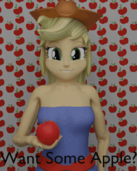 Size: 800x1000 | Tagged: safe, artist:bluest, applejack, equestria girls, g4, 3d, animated, apple, female, food, gif, looking at you, one eye closed, smiling, smiling at you, wink, winking at you