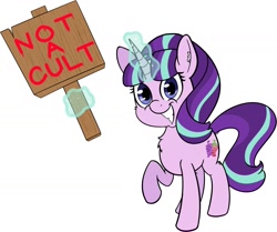 Size: 1850x1547 | Tagged: safe, artist:yakoshi, starlight glimmer, pony, unicorn, g4, berrytube, blatant lies, cult, evil starlight, fake cutie mark, female, glowing horn, grin, horn, magic, mare, raised hoof, sign, simple background, smiling, solo, telekinesis, this will end in communism