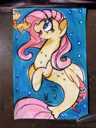 Size: 3024x4032 | Tagged: safe, artist:leafbunny, fluttershy, fish, seapony (g4), g4, bubble, female, high res, open mouth, seaponified, seapony fluttershy, smiling, solo, species swap, traditional art, underwater, water