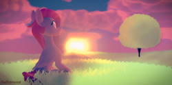 Size: 1920x953 | Tagged: safe, artist:fluffyrescent, pegasus, pony, cloud, grass, grass field, outdoors, solo, sun, sunrise, sunset, tree