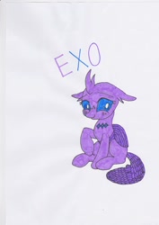 Size: 480x678 | Tagged: safe, artist:electric spark, color edit, edit, oc, oc:exo the changeling, changedling, changeling, changedling oc, changeling oc, colored, cute, exobetes, female, freckles, looking at you, purple changeling, shy, shy smile, simple background, sitting, smiling, smiling at you, teenager, text, traditional art, white background