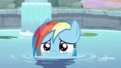 Size: 800x450 | Tagged: safe, screencap, rainbow dash, pegasus, pony, deep tissue memories, spoiler:deep tissue memories, spoiler:mlp friendship is forever, 9go, animated, crying, cute, daaaaaaaaaaaw, dashabetes, dhx is trying to murder us, female, gif, hnnng, mare, ponyville spa, sad, sadorable, solo, water, wet mane, wet mane rainbow dash, wiping tears