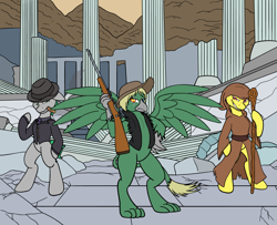 Size: 1476x1200 | Tagged: safe, artist:linedraweer, oc, oc only, oc:arcturus, oc:don crackshot, oc:patriarch emilius, griffon, pony, fallout equestria, bipedal, cigarette, cloak, clothes, commission, fallout, fedora, griffon oc, guard, gun, hat, rifle, ruins, smoking, solo, staff, suit, weapon