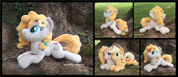 Size: 4028x1754 | Tagged: safe, artist:peruserofpieces, pear butter, earth pony, pony, g4, beanie, female, flower, flower in hair, hat, irl, mare, mother and child, mother and daughter, photo, plushie, prone, smiling, solo, tree