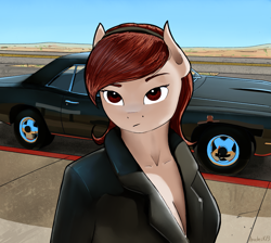 Size: 2195x1963 | Tagged: safe, artist:apocheck13, oc, oc only, earth pony, anthro, anthro oc, car, clothes, dodge (car), female, mare, solo