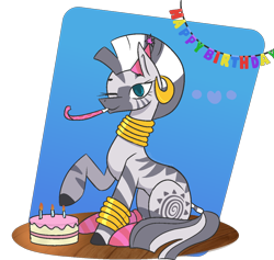 Size: 1184x1124 | Tagged: safe, artist:cosmiccookies3, zecora, pony, zebra, g4, birthday, birthday cake, birthday gift, bracelet, cake, candle, clothes, commission, ear piercing, earring, female, fire, food, hat, jewelry, neck rings, one eye closed, party hat, party horn, piercing, raised hoof, simple background, sitting, socks, solo, striped socks, transparent background, wink