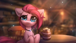 Size: 2727x1536 | Tagged: safe, artist:radioaxi, pinkie pie, earth pony, pony, g4, alternate hairstyle, chair, choker, cider, confused, crepuscular rays, eyebrows, female, looking at you, mare, mug, raised eyebrow, sitting