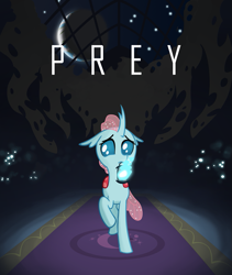 Size: 809x960 | Tagged: safe, artist:icekatze, ocellus, changedling, changeling, fanfic:prey, g4, carpet, crossover, curved horn, cute, diaocelles, equus, fanfic, fanfic art, fanfic cover, female, fire, floppy ears, horn, horror, kkat, lantern, on the moon, planet, prey (video game), raised hoof, raised leg, scared, shadow, solo, stars, video game crossover