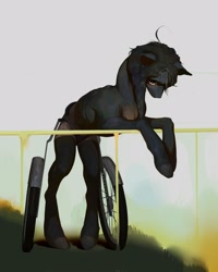 Size: 1728x2160 | Tagged: safe, artist:yanisfucker, oc, oc only, fence, full body, muscles, solo, three quarter view, wheelchair