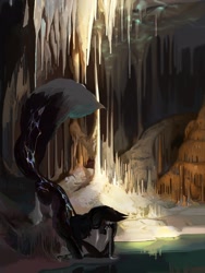 Size: 1620x2160 | Tagged: safe, artist:yanisfucker, oc, oc only, cave, fit, lighting, muscles, pond, slender, stalactite, stalagmite, thin
