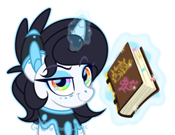 Size: 588x457 | Tagged: safe, artist:chrono_logic, oc, oc only, oc:iris, gynoid, pony, robot, robot pony, unicorn, book, cute, female, magic, mare, rainbow eyes, simple background, solo, transparent background