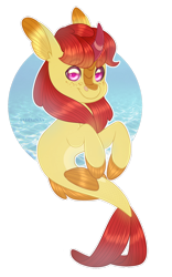 Size: 1024x1639 | Tagged: safe, artist:sadelinav, oc, oc only, oc:sunrise breeze, hybrid, kirin, merpony, seakirin, seapony (g4), g4, chibi, dorsal fin, female, fin, fins, floppy ears, flowing mane, flowing tail, horn, looking at you, mare, ocean, seaponified, smiling, smiling at you, solo, species swap, swimming, tail, underwater, water