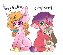 Size: 972x844 | Tagged: safe, artist:rosychild, oc, oc:crispseed, oc:honeysuckle, pony, unicorn, body freckles, bow, cloven hooves, colored hooves, duo, female, filly, freckles, hair bow, next generation, offspring, parent:big macintosh, parent:sugar belle, parents:sugarmac, plushie, siblings, simple background, tongue out