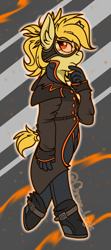 Size: 442x996 | Tagged: safe, artist:chrono_logic, oc, oc only, oc:renegade youth, unicorn, anthro, boots, clothes, female, goggles, jumpsuit, mare, shoes, simple background, solo, trenchcoat