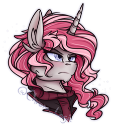 Size: 465x512 | Tagged: safe, artist:chrono_logic, oc, oc only, oc:casp revenant, alicorn, pony, clothes, ethereal mane, male, pink, serious, simple background, solo, stallion, sweater, transparent background