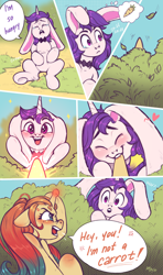 Size: 1668x2813 | Tagged: safe, artist:amishy, oc, oc only, oc:lapush buns, oc:sheron, bunnycorn, pony, unicorn, angry, bait and switch, bunny ears, bush, carrot, comic, crying, female, food, heart, horn bite, hungry, male, mare, ouch, stallion, stomach growl, stomach noise, straight, teary eyes, thinking