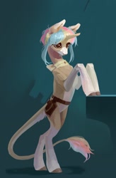 Size: 1417x2160 | Tagged: safe, artist:yanisfucker, oc, oc only, classical unicorn, pony, unicorn, bipedal, cloven hooves, coat markings, colored hooves, horn, leonine tail, pale belly, rainbow hair, simple background, socks (coat markings), solo, standing up, unshorn fetlocks