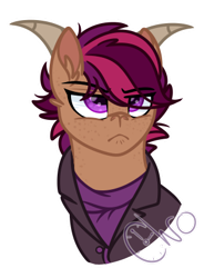 Size: 316x429 | Tagged: safe, artist:chrono_logic, oc, oc only, oc:rigel starstream, goat, clothes, freckles, horns, lab coat, male, simple background, solo, stallion, sweater, transparent background, unamused