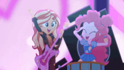 Size: 520x293 | Tagged: safe, screencap, kiwi lollipop, pinkie pie, sunset shimmer, equestria girls, equestria girls series, g4, sunset's backstage pass!, spoiler:eqg series (season 2), animated, drums, female, guitar, music festival outfit, musical instrument
