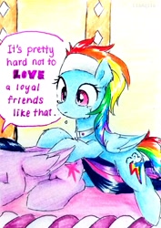 Size: 2252x3177 | Tagged: safe, artist:liaaqila, rainbow dash, twilight sparkle, alicorn, pegasus, pony, deep tissue memories, g4, my little pony: friendship is forever, crying, duo, high res, spa pony rainbow dash, traditional art, twilight sparkle (alicorn)