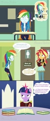 Size: 1920x4608 | Tagged: safe, artist:phantomshadow051, rainbow dash, sunset shimmer, twilight sparkle, alicorn, pony, comic:eqg:bursting rainbow, equestria girls, g4, my little pony equestria girls: better together, apple cider, bathroom, bottle, comic, crossed legs, desperation, need to pee, omorashi, out of order, potty dance, potty emergency, potty time, request, text, thought bubble, updated