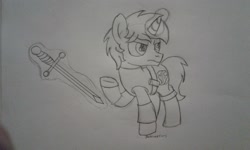Size: 2560x1536 | Tagged: safe, artist:peternators, oc, oc only, oc:heroic armour, pony, unicorn, boots, bracer, clothes, colt, foal, leather, leather armor, leather boots, levitation, magic, male, monochrome, shoes, sketch, solo, sword, teenager, telekinesis, traditional art, weapon