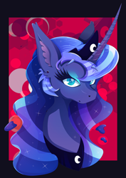 Size: 1358x1920 | Tagged: safe, artist:rariedash, princess luna, alicorn, pony, abstract background, bust, crown, ear piercing, ethereal mane, female, jewelry, mare, peytral, piercing, portrait, regalia, solo