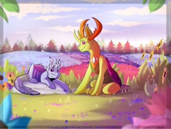 Size: 1024x776 | Tagged: safe, artist:micha, thorax, oc, oc:calor the changeling, changedling, changeling, g4, changedling oc, changeling oc, commission, commissioner:navelcolt, cute, king thorax, lying down, meadow