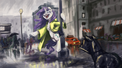 Size: 1920x1080 | Tagged: safe, artist:elisdoominika, rarity, pony, unicorn, g4, car, chest fluff, city, clothes, cloud, cloudy, crying, eyes closed, eyeshadow, female, horn, lamp, makeup, manehattan, mare, mascara, open clothes, open mouth, rain, raincoat, singin' in the rain, singing, smiling, solo focus, storm, street, tears of joy, wet, wet mane