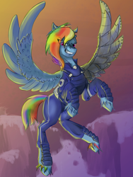 Size: 1810x2410 | Tagged: safe, artist:meanagame, rainbow dash, pegasus, pony, g4, alternate timeline, amputee, apocalypse dash, armor, artificial wings, augmented, clothes, crystal war timeline, female, flying, mare, prosthetic limb, prosthetic wing, prosthetics, rearing, solo, torn ear, unshorn fetlocks, wings