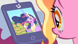Size: 1280x720 | Tagged: safe, artist:atariboy2600, edit, edited screencap, screencap, luster dawn, twilight sparkle, alicorn, pony, unicorn, g4, ponyville confidential, the last problem, burger, concave belly, eating, female, food, hay burger, here we go again, history repeats itself, iphone, like mentor like student, mare, millennial luster dawn, older, older twilight, older twilight sparkle (alicorn), parody, princess twilight 2.0, scene parody, slender, tall, thin, twilight burgkle, twilight sparkle (alicorn), vector