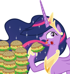Size: 800x849 | Tagged: safe, artist:atariboy2600, twilight sparkle, alicorn, pony, g4, the last problem, burger, concave belly, crown, eating, food, hay burger, herbivore, hoof hold, hoof shoes, jewelry, older, older twilight, older twilight sparkle (alicorn), partially open wings, peytral, princess shoes, princess twilight 2.0, regalia, slender, that pony sure does love burgers, thin, twilight burgkle, twilight sparkle (alicorn), wings