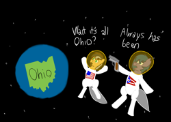 Size: 3500x2500 | Tagged: safe, artist:sufficient, oc, oc only, oc:belfry towers, oc:steaming stove, bat pony, earth pony, pony, always has been, astronaut, dialogue, earth, flag, gun, high res, imminent death, imminent murder, meme, ohio, ponified meme, space, spacesuit, stars, surprised, this will end in death, united states, weapon